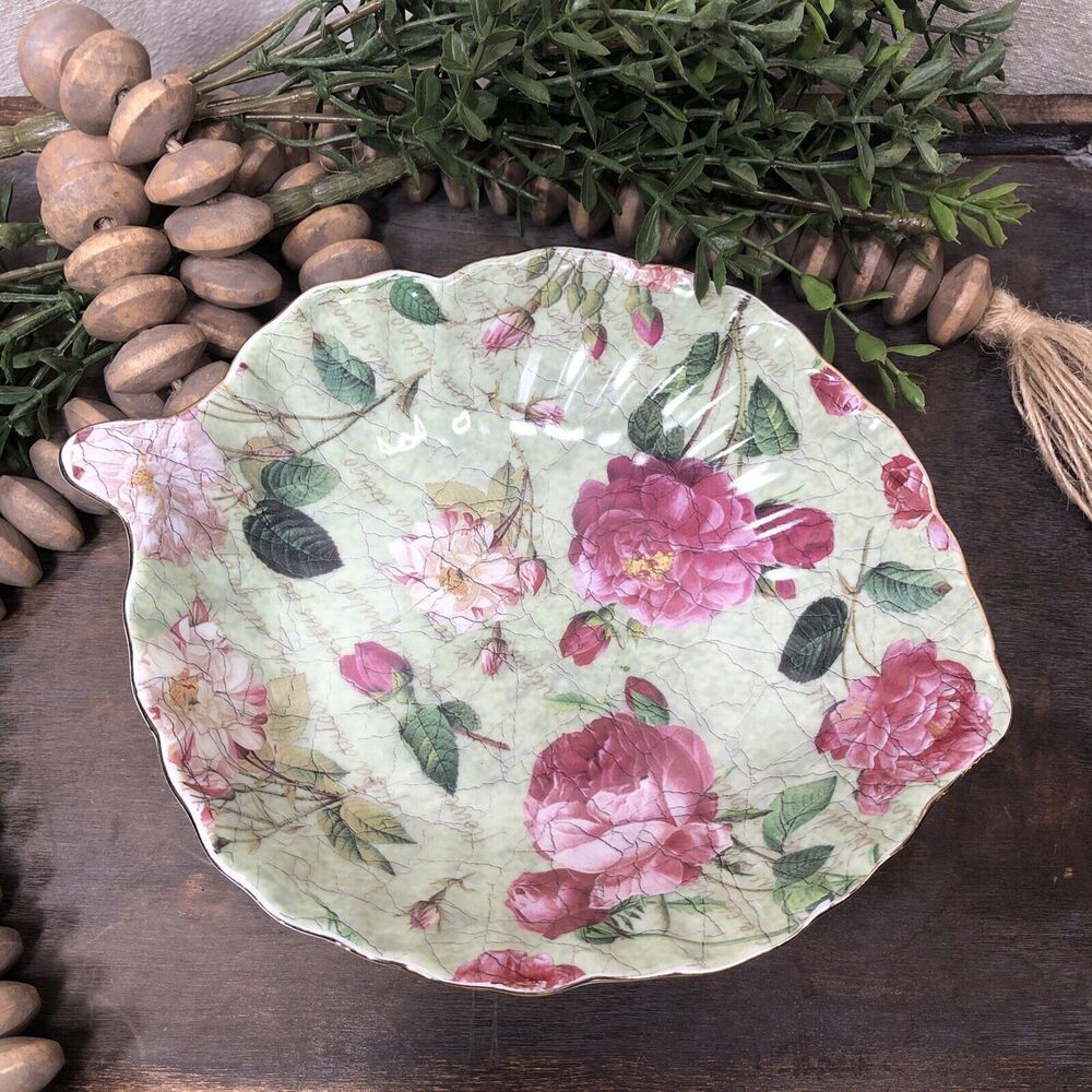 Vintage FLORAL I. Godinger & Co GREEN PINK ROSES W/GOLD TRIM- Candy/Trinket Dish